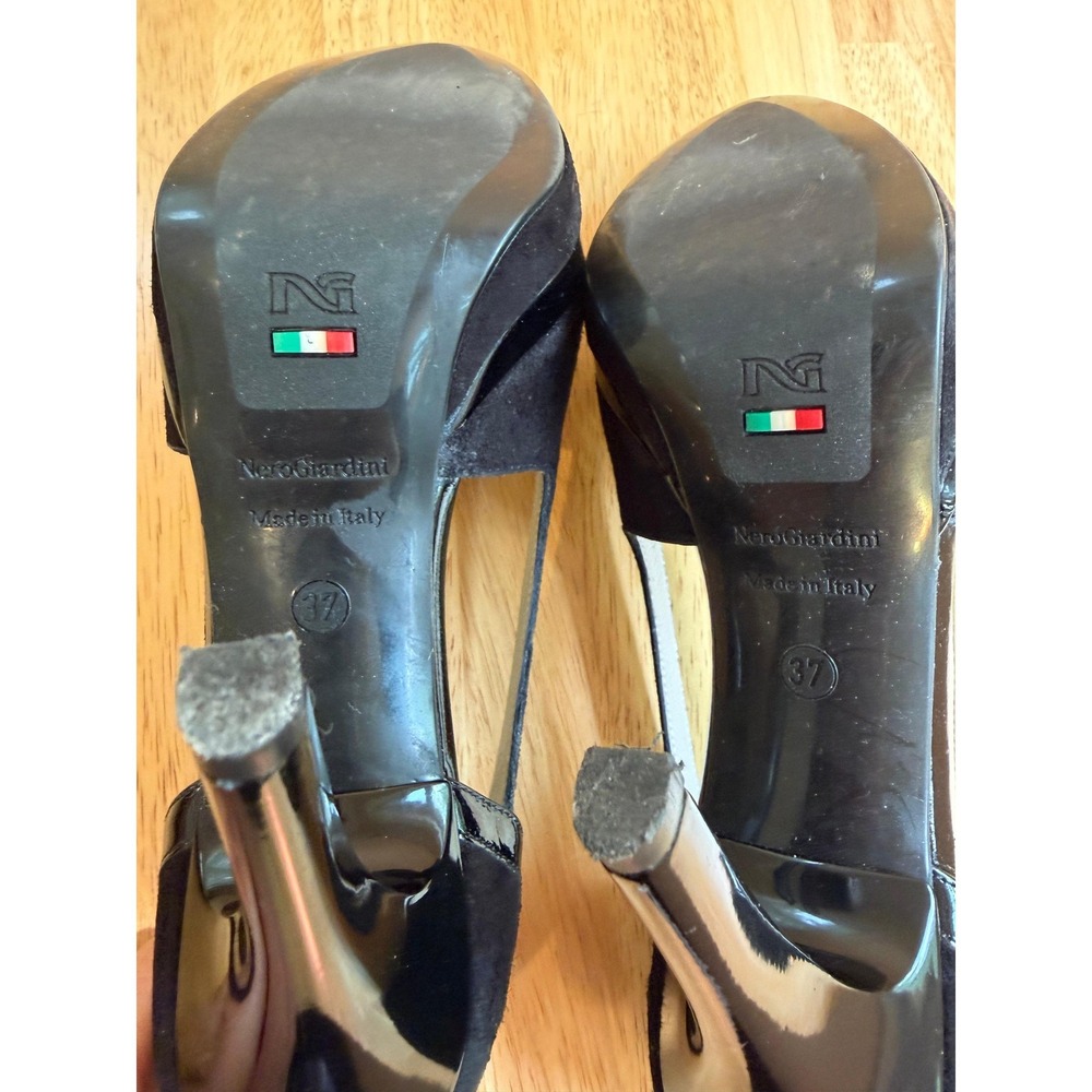 Nero Giardini Black Suede Patent Cutout Platform Pumps Heels Made in Italy 37 - Picture 4 of 4